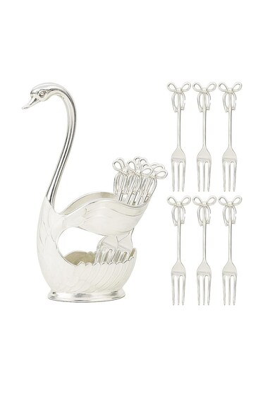Silver 6-Piece Swan Dessert Fork Set Stainless Steel Appetizer Forks with Elegant Swan Holder Mini Fruit &amp; Cake Forks for Tea Parties, Guests &amp; Home