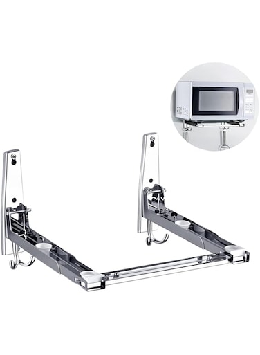 Azonee Universal Stainless Steel Microwave Oven Wall Mount Bracket with Removable Hooks, Arm Adjustable Foldable Kitchen Stretch Oven Stand Shelf Rack Load 100LB