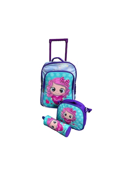 3 Pieces Cartoon-Printed School Trolley Bag for Kids (16 &amp; 18 Inch) with Lunch Bag and Pencil Pouch Included (Pink Purple Doll, 18 Inch)
