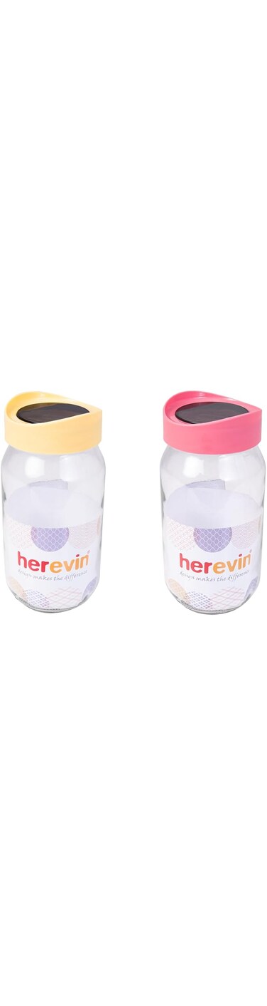 Herevin 1-Liter Glass Jar Canister Storage Jar with Transparent Top and Assorted Color Lid