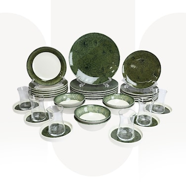 OZO 1204   36 Pcs Porcelain Dinner Set   Premium Turkish Dinnerware Set for 6 Persons with Tea Glasses &amp; Saucers