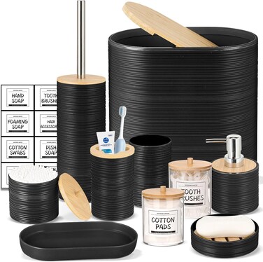 10 Piece Black Bamboo Plastic Bathroom Accessories Set