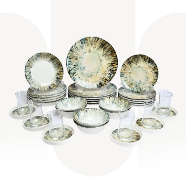 OZO 1202   36 Pcs Porcelain Dinner Set   Premium Turkish Dinnerware Set for 6 Persons with Tea Glasses &amp; Saucers