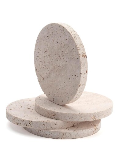 Set of 4 Natural Travertine Stone Round Coasters for Drinks, Coffee, 10x10cm