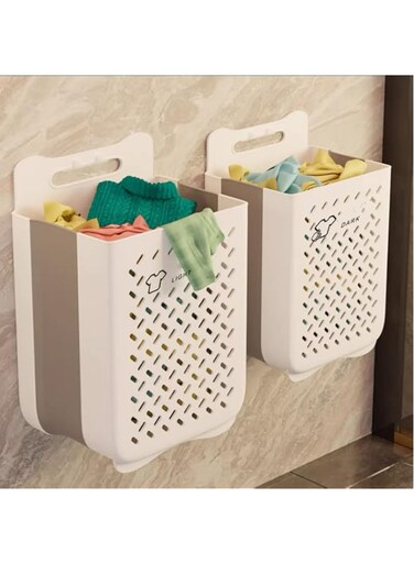 Plastic Collapsible Hanging Laundry Basket with Carry Handle, Space-Saving Wall Hanging Laundry Basket Durable Tall Folding Plastic Laundry Hamper Waterproof Dirty Clothes Organizer (Grey Small+Large)