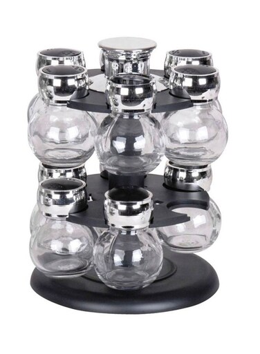 Bulb Shape Spice Jar With Storage Rack Set Clear/Silver 6x6x8.3centimeter