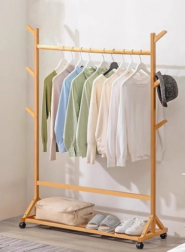 Simple Trending Natural Wood Garment Rack with Storage Shelves, Rolling Wooden Clothes Organizer on Wheels for Hanging Clothes