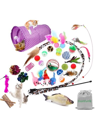 Ownfume 38 Pcs Cat Toys,Kitten Toys,Cat Toys Interactive Accessories for Indoor Cats,Cat Tunnel,Variety Teaser Wand with Feathers,Cat Toys for Kittens Biting,Catnip Fish,Mice,Balls for Cat Pet Lovers