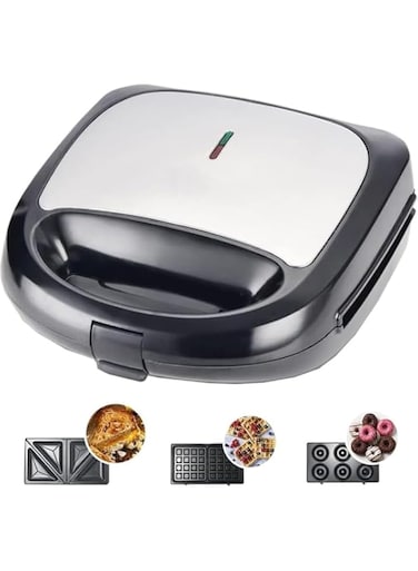 radiotronics Donut Maker, 3 in 1 Electric Waffles Sandwich Machine，Panini Press Grill Iron Set with 3 interchangeable Removable Non Stick Plates，750W Detachable Dessert Toaster, Perfect for Breakfast