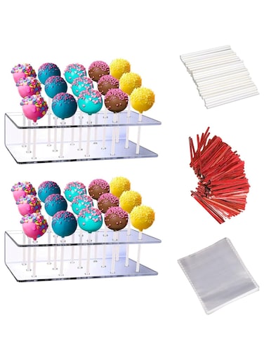 2PCS Cake Pop Display Stand with 300 PCS Cake Pop Sticks and Wrappers Kit, 15 Hole Clear Acrylic Lollipop Holder for Weddings Birthday Parties Anniversaries Halloween Candy Red