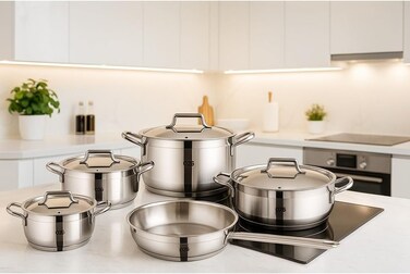 OZO 9 Pcs Stainless Steel Silver Non-stick and Non-toxic Cookware Set Made InTurkey   1144   Cooking pots or small medium and large casseroles with Lids and Frypan   Complete set, Dishwasher safe