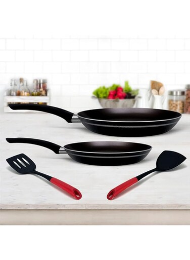 Rossetti Milano 4 Piece Made in Italy Quality Non-Stick Frying Pan Set includes 22cm Frying pan + 28cm Frypan + Regular Turner + Solid Turner Dishwasher Safe PFOA-free Metallic Black Cookware Set
