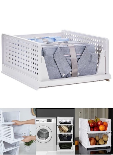 Stackable Clothes Plastic Storage Basket Foldable Closet Organizer Shelf Cloth Holder Drawer Shelf Storage Container for Wardrobe Cupboard Bathroom Office