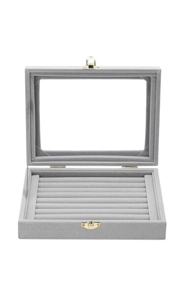 Sulfar Velvet Glass Ring Display Box   Jewelry Holder Organizer Case, Grey Ring Storage for Rings, Earrings, Necklaces   Elegant Gift for Her