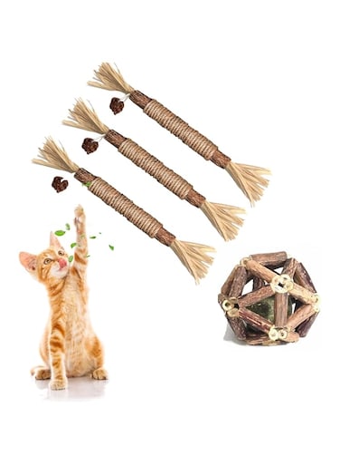 ZFanyun 3 Packs of Silver Rattan and 1 Pack of Natural Rattan Balls Cat Toys, Catnip Cat Chew Toys, Teeth Cleaning, Cat Food, Edible Cat Toys