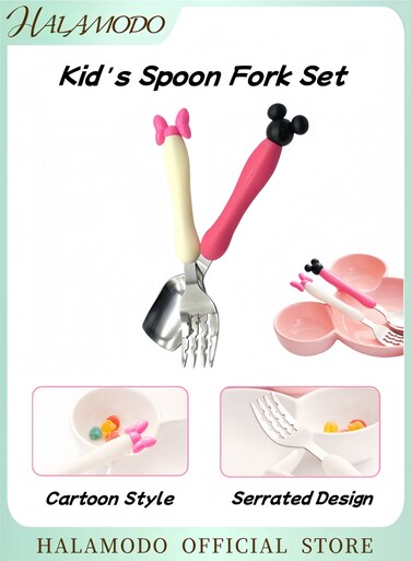 Kid's Spoon Fork Set Feeding Spoon Stainless Steel Eating Utensils BPA Free Tableware Dishwasher Safe Cartoon Reusable Travel Cutlery Set Portable Dinnerware for Boys &amp; Girls