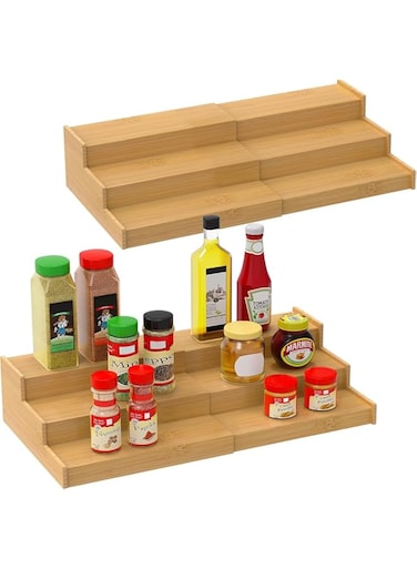 EETU Spice Rack Kitchen Cabinet Organizer-3 Tier Expandable Bamboo Spice Rack Organizer, Display Shelf, Space-saving，Great for Kitchen Cabinet, Cupboard, Pantry and More