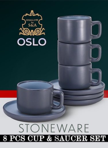Stoneware OSLO 8-Piece Tea Cup &amp; Saucer Set-250ml - Serves 4, Includes 4 x 250ml Tea Cups, 4 x Matching Saucers, Elegant Grey Nordic Style Ceramic Crockery