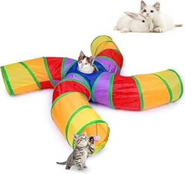 EGETOTA Cat Tunnel, 4 Way S Shape Collapsible Tube with Interactive Ball &amp; Storage Bag, Pet Toys for Small Pets, Cat, Puppy, Kitty, Kitten, Rabbit (Rainbow)