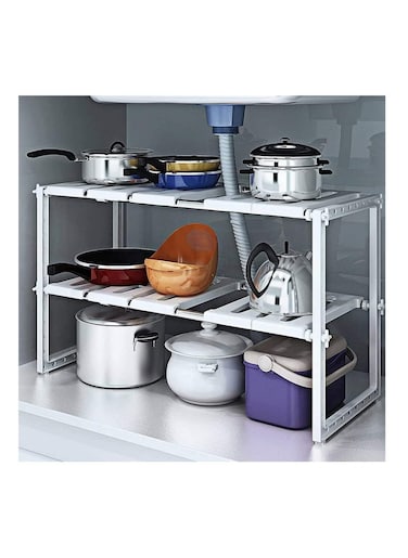 Expandable Under Sink Kitchen Adjustable Storage Organizer Multi purpose Rack white 66x26x38cm