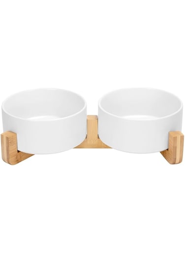 Flushrenic Ceramic Cat Bowl,Small Dog food bowl,With Wood Stand Non-Slip,Double White Bowls,Ceramic Bowl for Food and Water (800ml/27oz)