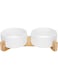 Flushrenic Ceramic Cat Bowl,Small Dog food bowl,With Wood Stand Non-Slip,Double White Bowls,Ceramic Bowl for Food and Water (800ml/27oz)