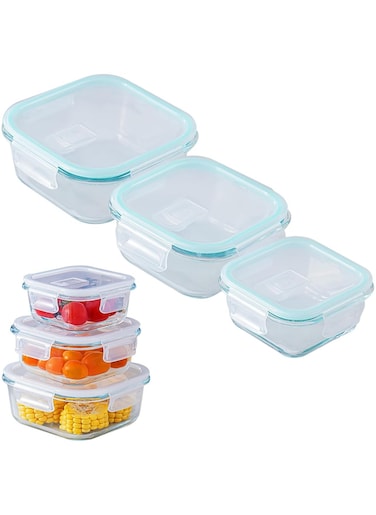 Glass Meal Prep Containers (3 pcs Square) - Glass Food Storage Containers with Lids, Glass Lunch Box, Portion Control, Airtight, Glass Bento Box Lunch Containers- 3P Square Blue