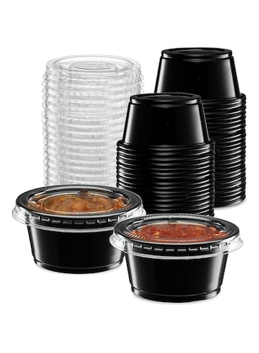 Vsell24&trade; 100PC 2 Ounce Plastic Disposable Portion Cup Containers with Lid Sauce Jello Shot Souffl&eacute; Sampling Cups Black