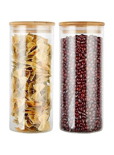 1CHASE&reg; Borosilicate Glass Food Storage Jars, Air Tight Kitchen Food Storage Container Set with Natural Bamboo Lids for Candy Cookie Rice Sugar Flour Pasta Nuts,1200 ML 2Pcs Set
