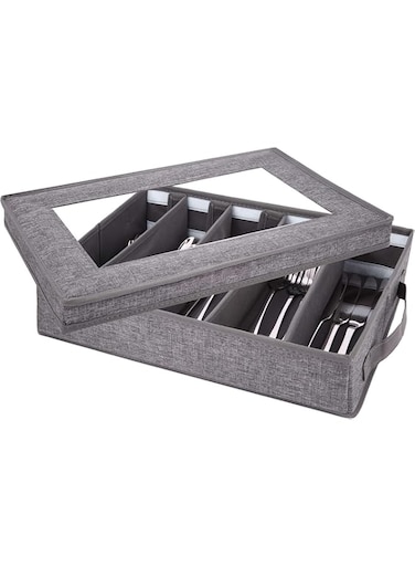 Azonee Flatware Storage Case, Silverware Storage Box Chest, Tableware Utensil Chest with Removable Lid and Adjustable Dividers, for Organizing Cutlery, Flatware, Knives, Large Capacity, Gray