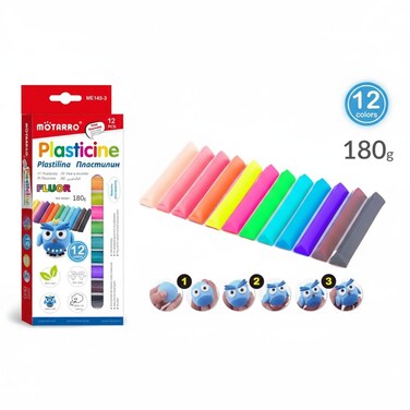 MOTARRO Plasticine Modeling Clay Set (ME145-3) &ndash; 12 Vibrant Fluorescent Colors &ndash; Non-Toxic, Ultra-Soft Air-Dry Clay for Kids, Arts &amp; Crafts, and School Projects &ndash; Mess-Free &amp; Pliable