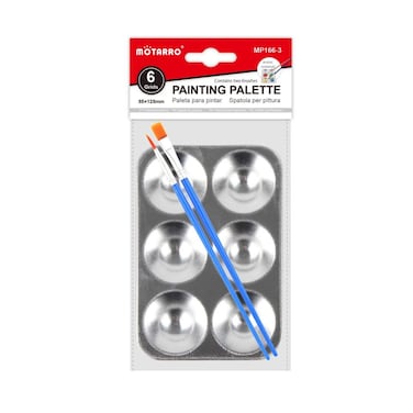 MOTARRO Painting Palette &amp; Brush Set (MP166-3) &ndash; 6 Grids Metal Mixing Tray 85x125mm with 2 Brushes &ndash; Ideal for Watercolor, Acrylic &amp; Oil Paints &ndash; Durable Artist Palette for Professionals &amp; Beginners