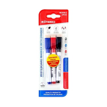 MOTARRO 3-Piece Whiteboard Marker Set with Erasers - Black, Red, Blue (MC039-2) &ndash; Dry Erase Markers for School, Office, and Home Use