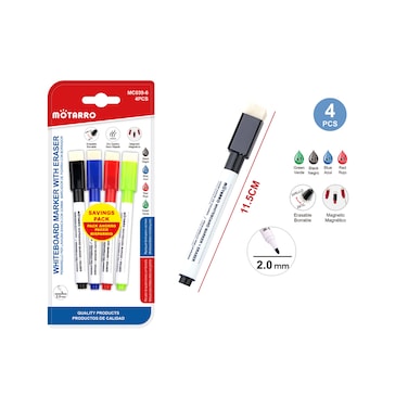 MOTARRO 4Pcs Magnetic Whiteboard Marker Set MC039-6 &ndash; Fine Tip Dry Erase Markers with Eraser for Home, Office &amp; School Supplies
