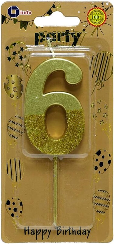 Italo Number 6 Glitter Dipped Birthday Candle, Gold