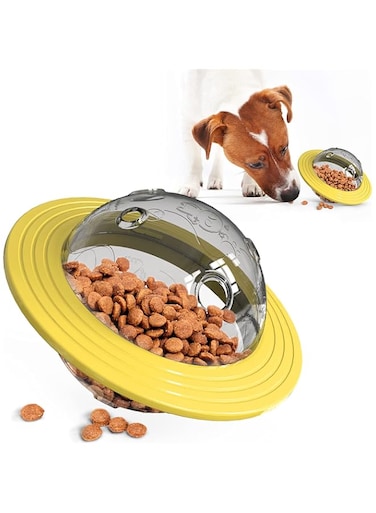 Okbuynow Dog Interactive Toy Multifunctional Pet Frisbee Flying Saucer Feeder Toys for Small Medium Dogs Playing Chasing Chewing Improve Intelligence Molar Toothbrush, Yellow