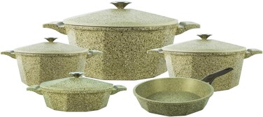 OMS 9PCS OVEN SAFE GRANITE NON-STICK COOKWARE SET - BEIGE COLOR -MADE IN TURKEY 3527
