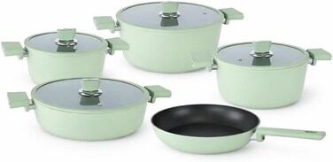 OZO 9 Pcs Non-stick Granitec Aluminium Coated Cookware Set With Lid Made In Turkiye  3933   Large Medium Small Shallow Casserole Pots,Casseroles, Frying Pan : Color - (Sage Mint Green)