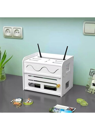 KUTIS Wall-Mounted Router Shelf &ndash; Multi-Functional Plastic Power Strip &amp; Electrical Extension Organizer Box &ndash; Cable Management &amp; TV Remote Holder 24 x 18 x 19 CM