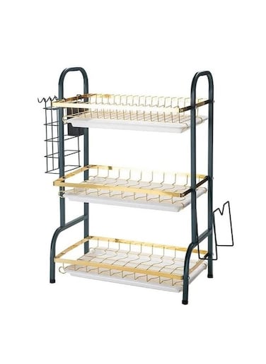3 Tier Dish Drying Rack Dish Drainer with Drainboard and Utensil Holder Large Capacity for Kitchen Countertop (Black Gold)
