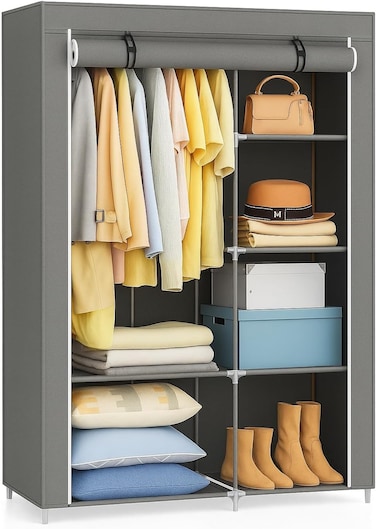 Portable Closet, Clothes Storage Organizer - 17.7 x 41.3 x 66.1 Inches, Foldable Clothes Rack, Wardrobe Storage, Lightweight and Durable - Grey