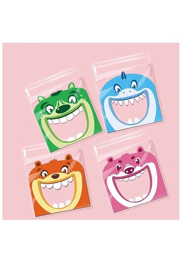 100pcs of mixed cartoon big mouth 4 in 1 snow crisp bag cookie gummy candy self adhesive bags food packing bag cute cartoon animal biscuit bags size 7*7+3cm
