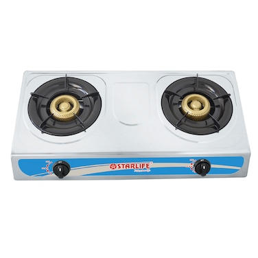 STARLIFE Stainless Steel Double Burner Gas Stove - Auto Ignition - Cast Iron Golden Burner - Heat Resistant Enamel Pan Support