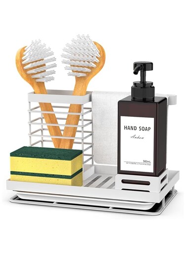 HCHANGEN Sink Caddy, Kitchen Sink Organizer with Sponge Holder &amp; Drain Tray, Under-Sink Storage for Dishcloth, Scrub Brush, Soap Bottle, Bathroom Countertop Organizer (White)