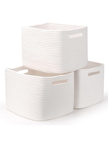 SweetMemo Woven Storage Basket for Organizing, Cotton Rope Shelf Baskets, Soft Toy Bin for Kids, rectangular Wire Towel Baskets for Closet Sehlves Gift Organizer - Set of 3, Cream White