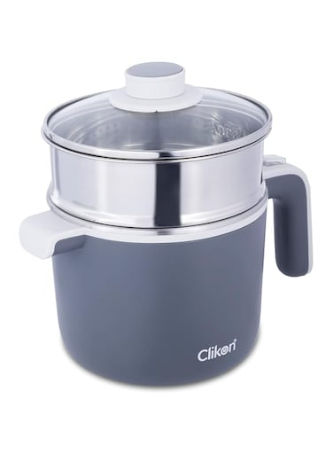 Clikon - 1.2 Liter Electric Cooker, Boil Dry Protection, Stainless Steel Body with Plastic Housing, Stainless Steel Steamer, Water Level, Cool Touch Handle With Indicator, 720 Watts, Grey - CK4274
