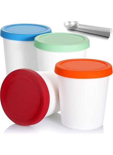 NALACAL Ice Cream Containers, Round Freezer Storage Tubs with Silicone Lids and Spoon, for Homemade Ice Cream (Blue, Red, Green, Orange)