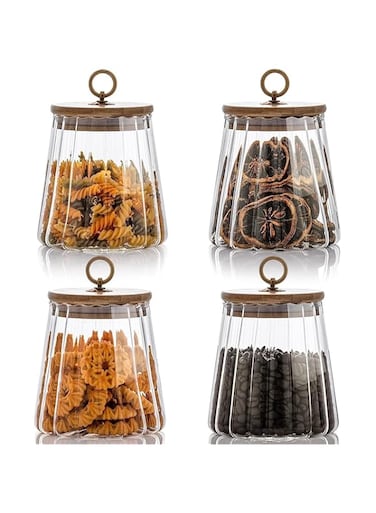 ideagala Airtight Glass Jars Set of 4,Glass Coffee Nuts Canister with Bamboo Lid,Petal Decorative Coffee Storage Container for Sugar,Loose Tea,Nuts,Candy,Spice Food,Moisture-proof &amp; Leak proof (Taper)