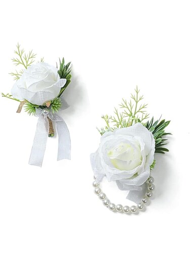 Angju Artificial Flowers White Rose Wrist Flowers and Men's Corsage Wedding Flowers Ceremony Prom Flower