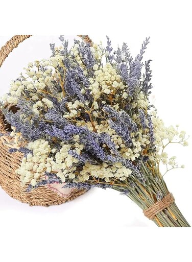 100 Dried Lavender &amp; 5 Baby's Breath Flowers Bundles, Dried Flower Bouquet for Vase, Natural Gypsophila, Valentines Day Decor Present, for Home, Wedding, Photography, Floral Arrangement, DIY